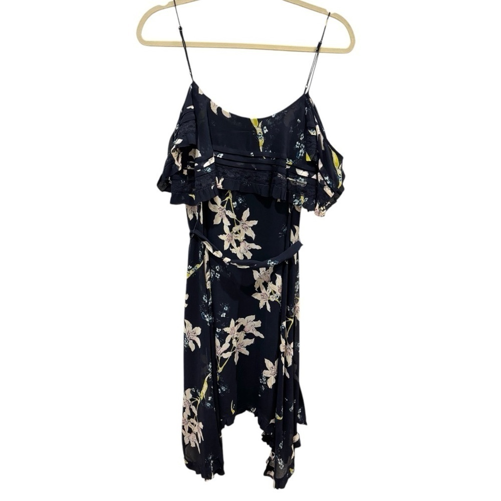 Paige Sahar Cold Shoulder Flutter Silk Navy Blue Floral Lined Dress Size Small - Picture 3 of 9